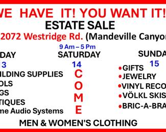 2072 Westridge Rd. Mandeville Canyon  Estate Sale