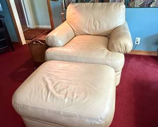 Cream Leather Armchair and Ottoman Set