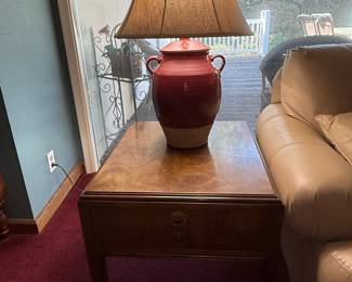 Vintage Walnut Veneer End Table with Brass Drawer Pulls
