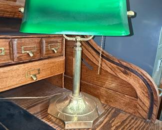 Vintage Brass Banker's Lamp with Green Glass Shade