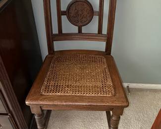 Antique Carved Oak Side Chair with Cane Seat
