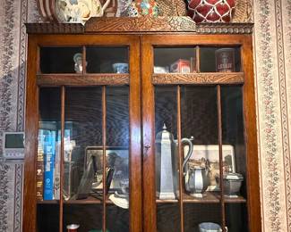 Antique Arts and Crafts Oak Bureau Bookcase with Leaded Glass Doors