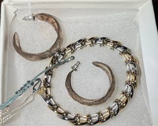 Sterling Silver Hammered Hoop Earrings and Mixed Metal Bracelet Set