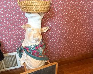 Large Plaster Chef Pig Figurine with Wicker Basket and Chalkboard