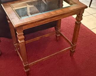 Vintage Wooden Side Table with Glass Top