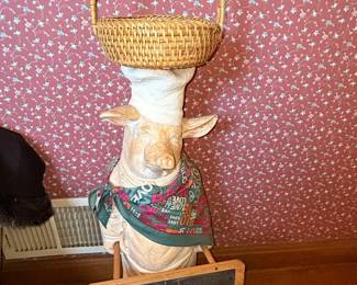 Large Plaster Chef Pig Figurine with Wicker Basket and Chalkboard