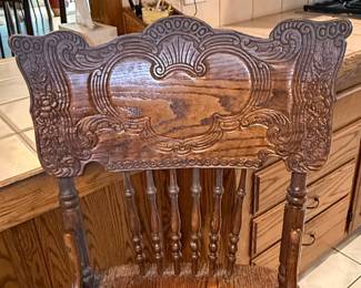 Vintage Oak Press Back Bar Stools with Carved Crest