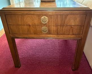 Vintage Walnut Veneer End Table with Brass Drawer Pulls