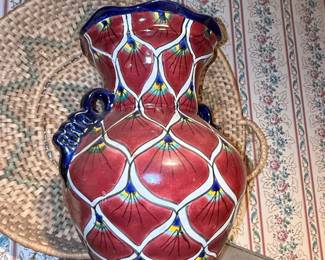 Vintage Talavera Pottery Vase with Geometric Fan Pattern