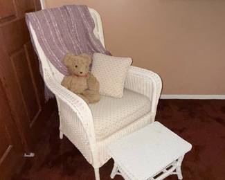 White Wicker Armchair with Ottoman and Teddy Bear