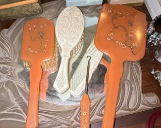 Vintage Bakelite & Celluloid Hand Painted Vanity Set