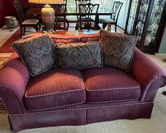 Purple Upholstered Loveseat with Decorative Cording