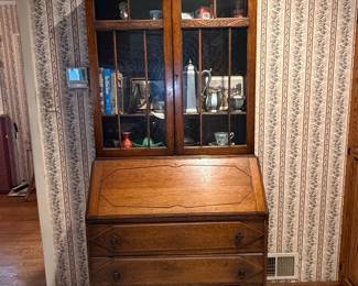 Antique Arts and Crafts Oak Bureau Bookcase with Leaded Glass Doors