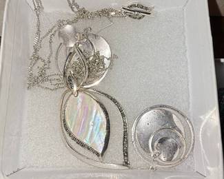 Sterling Silver Mother of Pearl and Marcasite Pendant Necklace