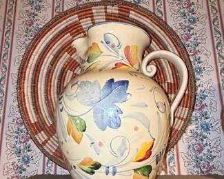 Hand-Painted Italian Ceramic Pitcher with Floral Motifs