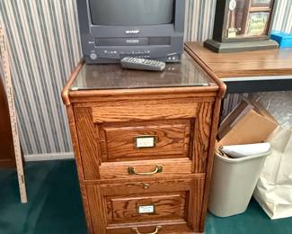 Oak Two-Drawer Filing Cabinet with Glass Top