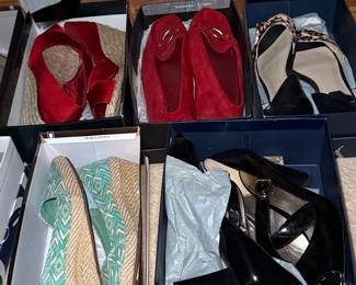 Assorted Women's Shoes: Red Suede Loafers, Red Satin Heels, Black Patent Wedge Sandals, Espadrille Flats, and Leopard Print Heels