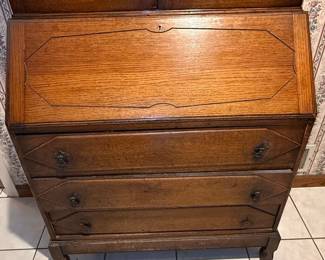 Antique Arts and Crafts Oak Bureau Bookcase with Leaded Glass Doors