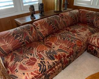 Mid-Century Modern Sectional Sofa with Tropical Leaf Pattern Upholstery