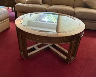 Mid-Century Modern Round Coffee Table with Glass Top by Henredon