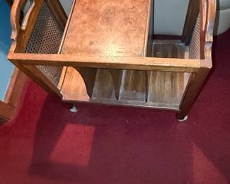 Vintage Wooden Magazine Rack with Cane Sides and Casters