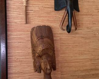 African Tribal Carvings (Elephant and Mask) with Broom