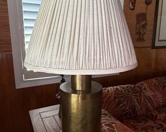 Mid-Century Modern Brass Cylinder Table Lamp with Pleated Shade