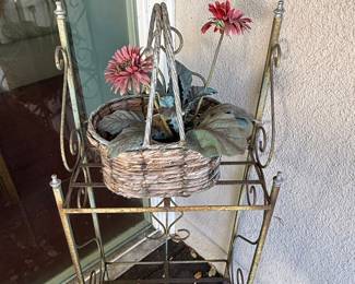 Vintage Wrought Iron Tiered Plant Stand with Basket