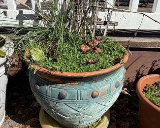 Large Teal Glazed Ceramic Planter Pot with Embossed Geometric Band