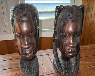 Pair of African Hand Carved Ebony Wood Head Sculptures