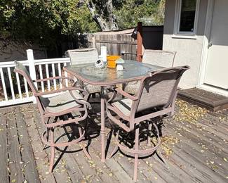 Wrought Iron Patio Bar Set with Glass Top Table and Four Swivel Chairs