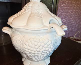White Ceramic Grape and Leaf Motif Tureen with Ladle