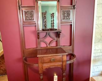 Victorian Oak Hall Tree with Mirror and Drawer