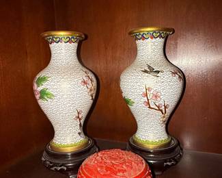 Pair of Chinese Cloisonné Vases with Carved Cinnabar Box