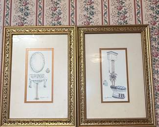 Pair of Vintage Peggy Abrams Bathroom Illustrations