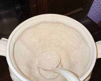 White Ceramic Grape and Leaf Motif Tureen with Ladle