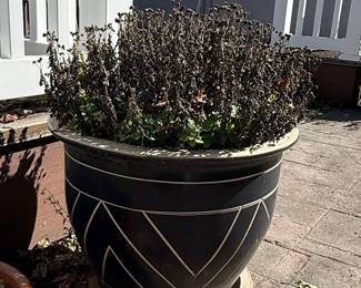 Large Black Ceramic Planter with Geometric Design