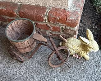 Vintage Metal Tricycle Planter with Wicker Basket
