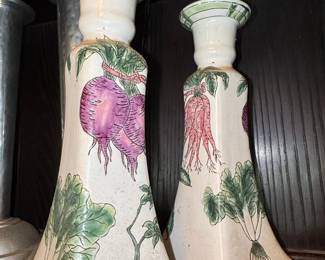 Pair of Ceramic Candlesticks with Root Vegetable Decoration