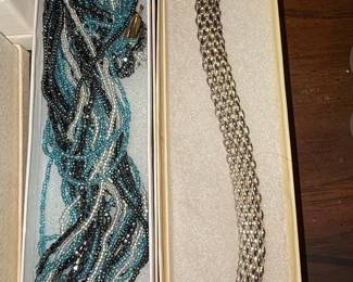 Multi-Strand Beaded Necklace Set and Sterling Silver Mesh Bracelet