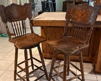 Vintage Oak Press Back Bar Stools with Carved Crest