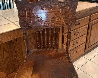 Vintage Oak Press Back Bar Stools with Carved Crest