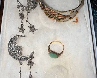 Kirks Folly Moon and Star Dangle Earrings, Hammered Cuff Bracelet, and Jade Ring Set
