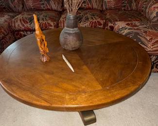 Vintage Round Pedestal Coffee Table with Brass Accents
