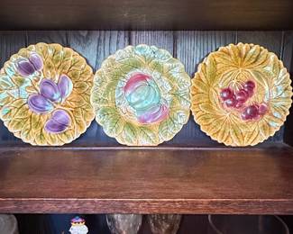 Sarreguemines Majolica Fruit Plates (Set of 3) - Plums, Peach/Apple, Cherries