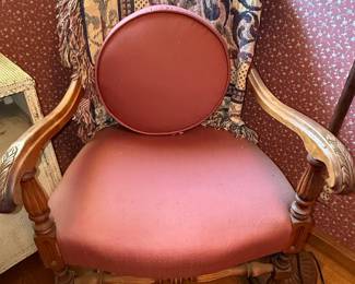 Victorian Carved Walnut Armchair with Rose Velvet Upholstery