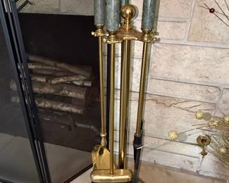 Brass and Jade Fireplace Tool Set