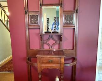Victorian Oak Hall Tree with Mirror and Drawer