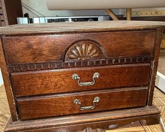 Vintage Wooden Jewelry Box with Carved Fan Motif