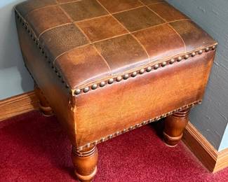 Vintage Tufted Leather Ottoman with Nailhead Trim and Bun Feet